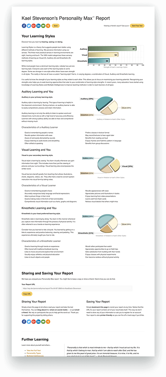 Learning Styles Test Results Example