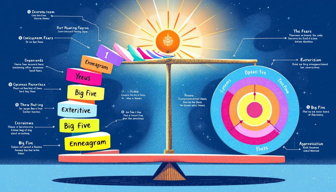 A balanced scale representing the strengths and limitations of the Enneagram and Big Five models.